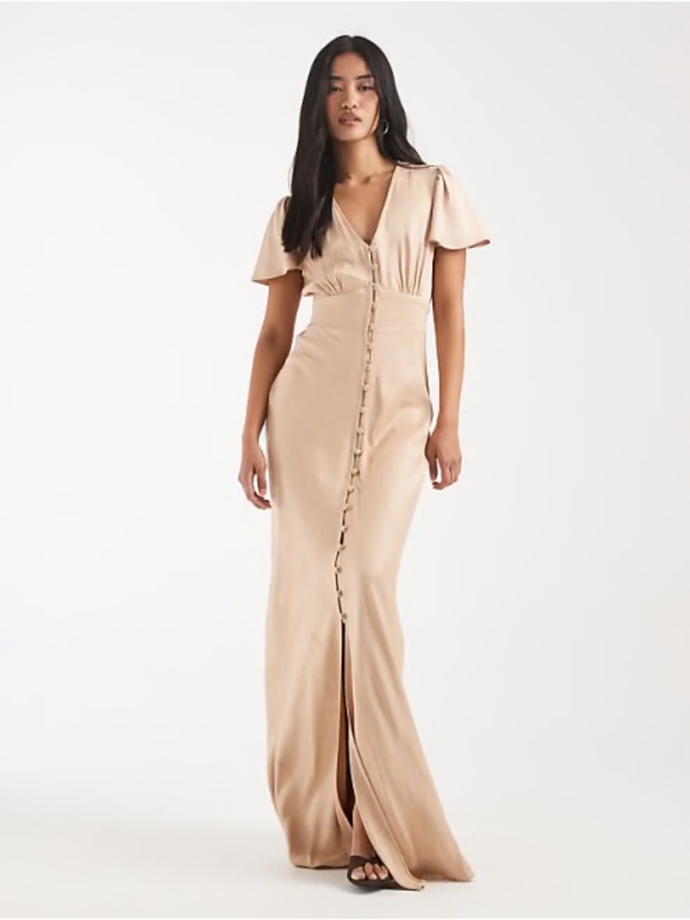 Elegant V-Neck Maxi Dress in Champagne, XS